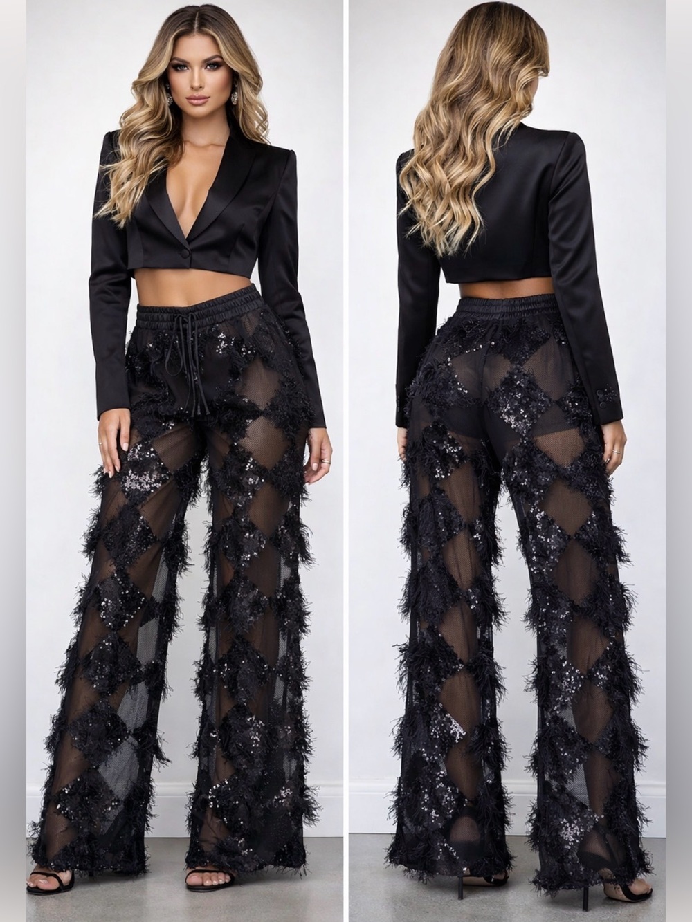 Pantora Black Sequin Mesh Feather Pants NWT Sheer Wide Leg Eveningwear Size L